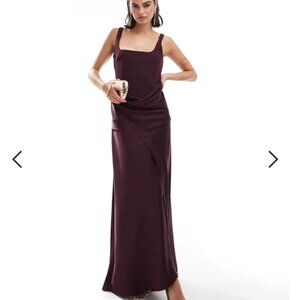 ASOS DESIGN scoop neck satin drape overlay maxi dress in burgundy XS